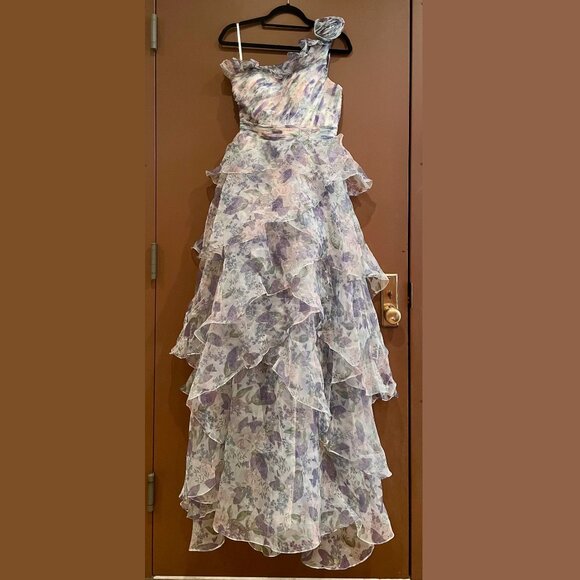 ANEWSTA Women Floral Print One Shoulder Ruffle Trim Petal Hem Evening Gown NWT - Picture 3 of 14